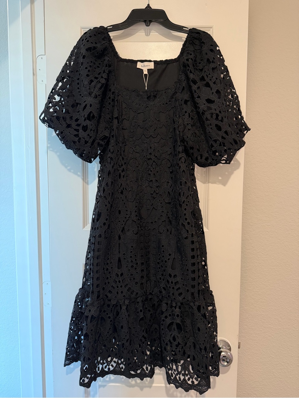 Bƶhme NWT Black Crochet Lace Puff Sleeve Mini Dress Size XS